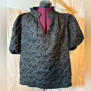 Sugarlips Arielle Jacquard Black Floral Textured Puff Sleeve Blouse